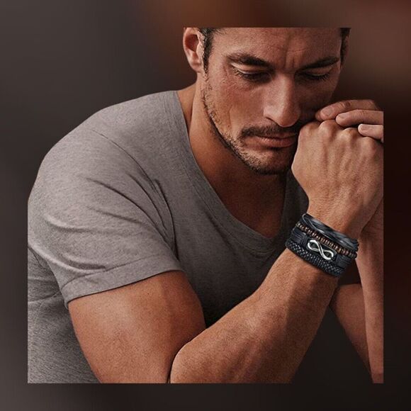 Leather Infinity Eternity Bracelet Men Women, Braided Woven Ethnic Tribal - Picture 2 of 2